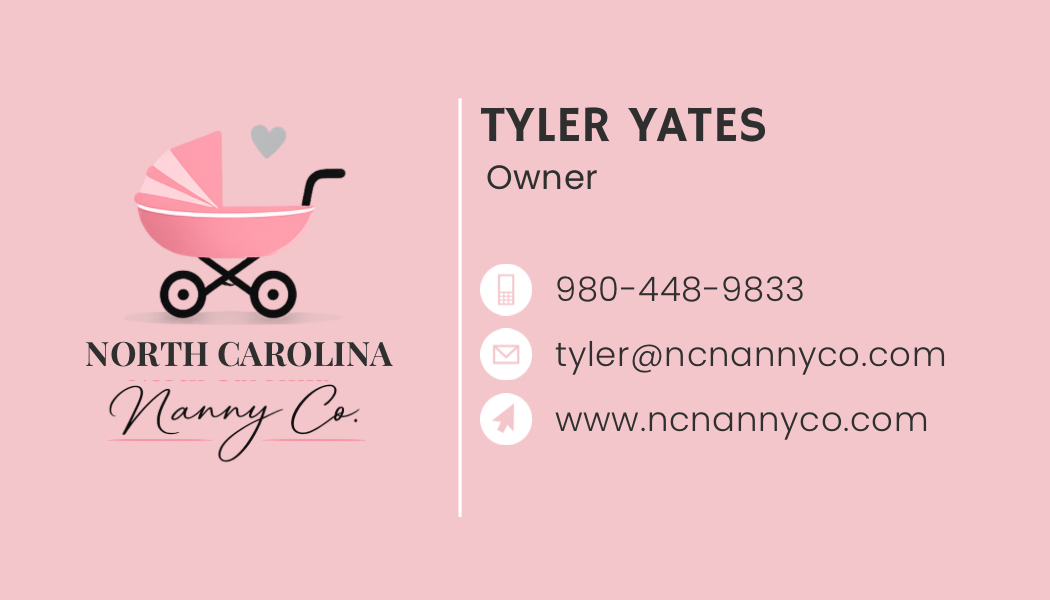 North Carolina Nanny Co. personal card for Tyler Yates